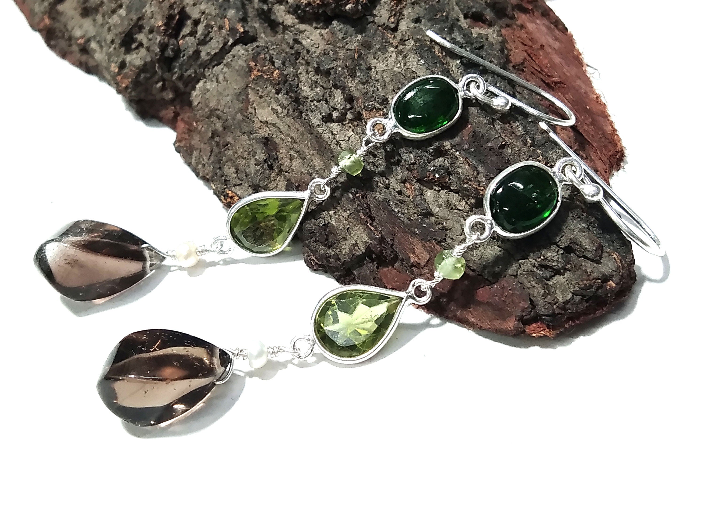 Natural Green Tourmaline/Peridot And Smoky Quartz Stone Earring, 925 Starling Silver Earring Handmade Making Jewelry Earring, Gift For Women